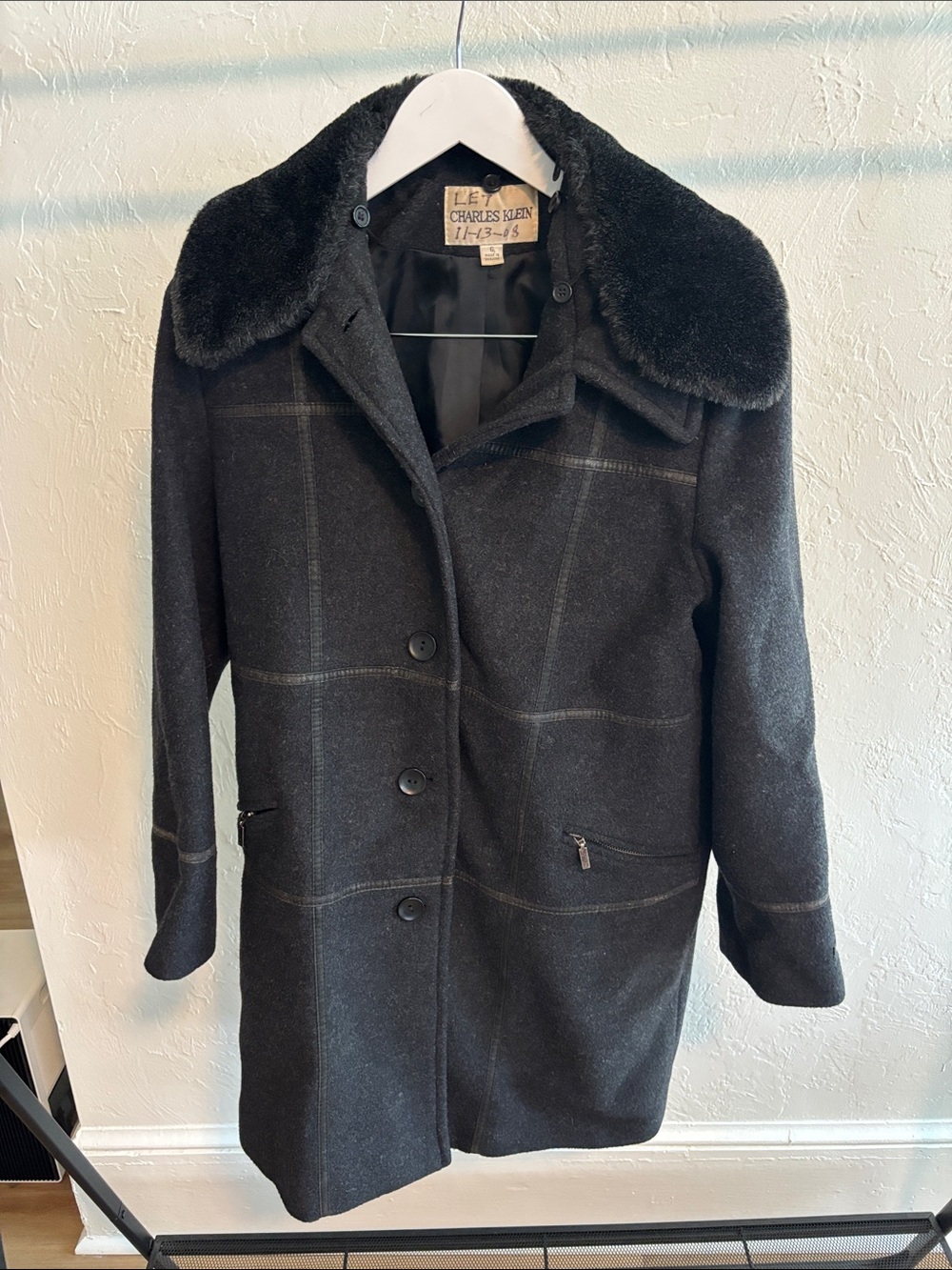 Vintage Black 100% Wool Pea Coat with Fur Collar - Made in Ukraine